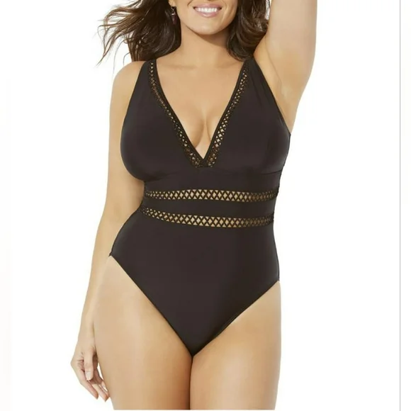 DACI V-Neck Crochet Picou Lace Insert Bathing Suit Swimsuit Curvy Plus NWT - Picture 4 of 13